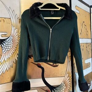 Forever 21 Dark Green Sweatet with Black Fur Trim